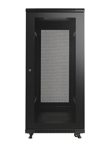 Рэковая стойка Wize Pro [W27U100R-M] 19”, 27U, 600х1000 мм, передняя и задняя двери металлические перфорированные, колеса, рэковые гайки: 20 шт, макс. вес нагрузки 800 кг, сталь, черный (3 места)