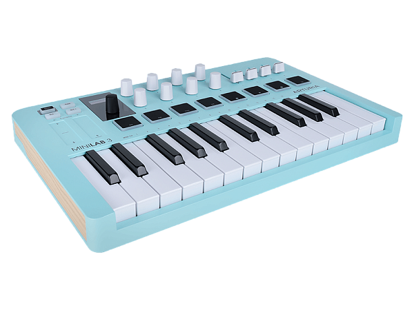 MIDI клавиатура [231599] Arturia [MiniLAB 3 Aquamarine] 25 клавиш, 8 энкодеров, 8 RGB пэдов, 8 фейдеров, дисплей, сенсорные регуляторы Pitch/Modulation, MIDI-выход, 1/4" Jack вход педали, режим Chord, арпеджиатор, USB-C