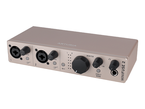 Аудиоинтерфейс USB [800122] Arturia [MiniFuse 2 Champagne] 24бит/192кГц, два комбинированных входа XLR-1/4” (микрофонный / линейный / инструментальный уровень) с фантомным питанием +48 В, выходы на монитор (L/R Jack), выход для наушников, MIDI In/Out