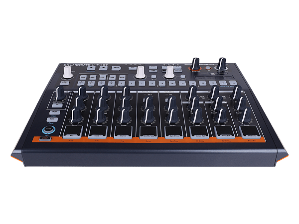 Микшер (драм машина) [561101] Arturia [DrumBrute Impact] аналоговый, 10 барабанов и перкуссии, 64-шаговый секвенсор, функции Swing, Step Repeat, Roller, Looper, 4x1/8" mini Jack выхода: стерео выход для наушников 1/8" mini Jack, 1/4" TRS Jack Mix Out, MI