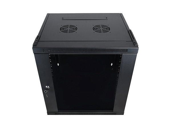 Настенный шкаф Wize Pro [W12UQSR] 19", 12U, быстрая сборка без инструментов, 600х600 мм, стеклянная передняя дверь, задняя стенка металлическая, неоткидная, макс. вес нагрузки 50 кг, сталь, черный