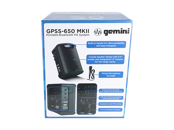 Акустическая система Gemini [GPSS-650 MKII] Активная, 2-х полосная, 50 Гц – 20 кГц, RMS/Peak 100/400 Вт, Bluetooth, TWS, EQ, Li-ion АКБ