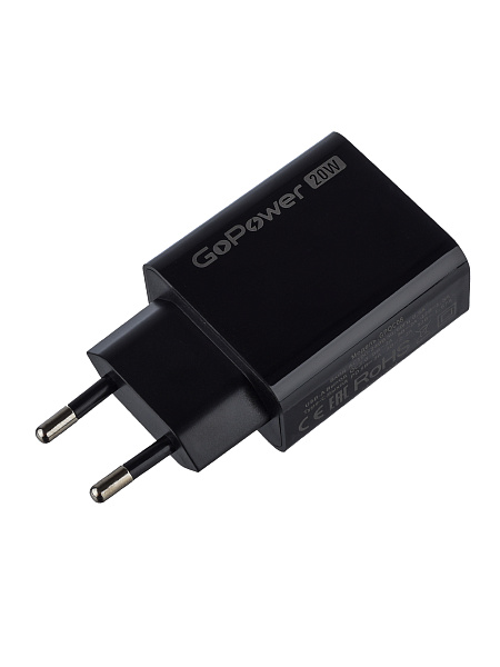 00-00030975 Сетевое зарядное устройство GPQC08, 1USB+1Type-C, 20Вт QC3.0, черный, GoPower