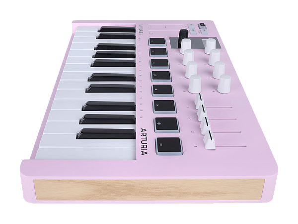 MIDI клавиатура [231509] Arturia [MiniLAB 3 Rose Quartz] 25 клавиш, 8 энкодеров, 8 RGB пэдов, 8 фейдеров, дисплей, сенсорные регуляторы Pitch/Modulation, MIDI-выход, 1/4" Jack вход педали, режим Chord, арпеджиатор, USB-C