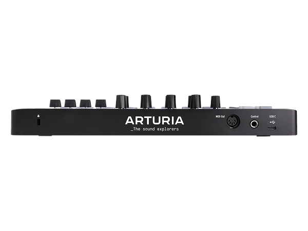 MIDI клавиатура [231502] Arturia [MiniLAB 3 Black Edition] 25 клавиш, 8 энкодеров, 8 RGB пэдов, 8 фейдеров, дисплей, сенсорные регуляторы Pitch/Modulation, MIDI-выход, 1/4" Jack вход педали, режим Chord, арпеджиатор, USB-C