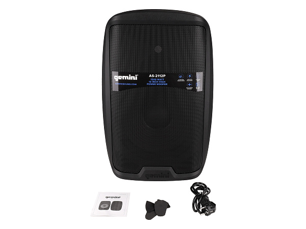 Акустическая система Gemini [AS-2112P] Активная, 2-х полосная, мощность RMS/Peak 750/1500 Вт, АЧХ 45-20000 Гц, Max SPL 108 дБ, динамики: 12" НЧ, 1" ВЧ, входы: 1/8" TRS AUX, RCA (L/R) AUX, 2xXLR микрофонные, 2x1/4" линейные, выходы: XLR Mix