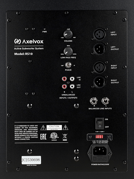 Акустическая система Axelvox [RS10] Активный сабвуфер, 36Гц-150Гц, 150W RMS, входы: XLR, RCA, TRS, выходы: XLR, RCA
