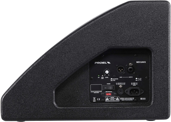 Активный сценический монитор PROEL [WD12AV2] 2-х полосный, НЧ динамик 12", ВЧ динамик 1", мощность пик./ном. 700/350 Вт, АЧХ 50-20000 Гц, макс. SPL 124 дБ, Combo XLR/TRS мик./лин. вход, XLR лин. выход, материал корпуса фанера