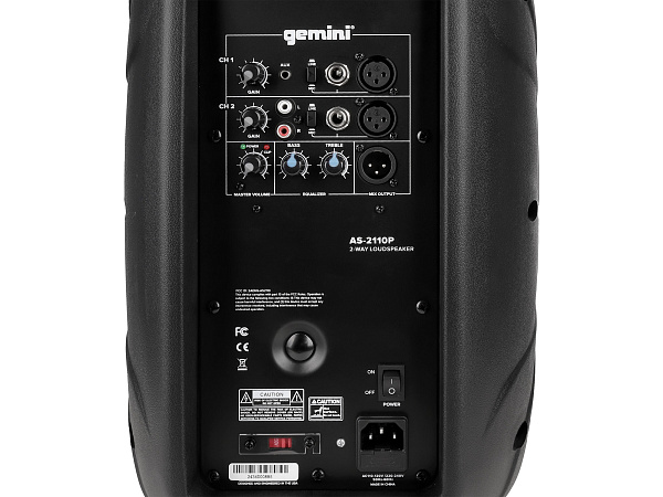 Акустическая система Gemini [AS-2110P] Активная, 2-х полосная, мощность RMS/Peak 500/1000 Вт, АЧХ 55-20000 Гц, Max SPL 100 дБ, динамики: 10" НЧ, 1" ВЧ, входы: 1/8" TRS AUX, RCA (L/R) AUX, 2xXLR микрофонные, 2x1/4" линейные, выходы: XLR Mix