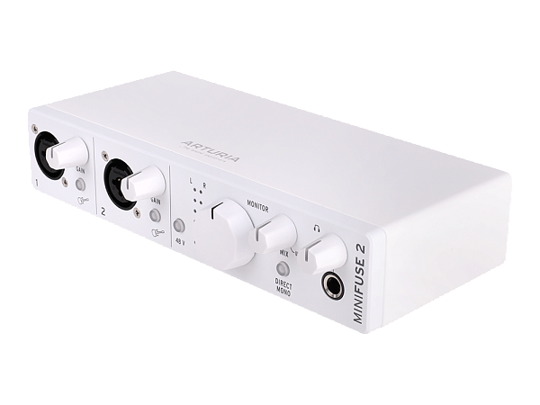 Аудиоинтерфейс USB [800112] Arturia [MiniFuse 2 White] 24бит/192кГц, два комбинированных входа XLR-1/4” (микрофонный / линейный / инструментальный уровень) с фантомным питанием +48 В, выходы на монитор (L/R Jack), выход для наушников, MIDI In/Out