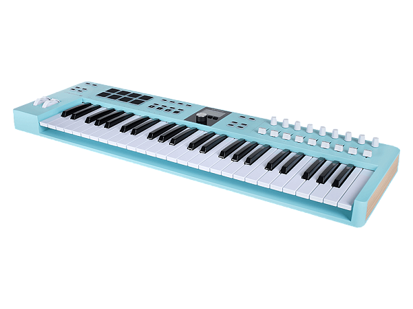 MIDI клавиатура [231524] Arturia [KeyLab Essential 49 mk3 Aquamarine] 49 клавиш, LCD дисплей, 9 энкодеров, 8 пэдов, 9 фейдеров, 12 кнопок управления, колеса высоты тона и модуляции, 1/4" Jack вход для педали, MIDI выход, Type-C