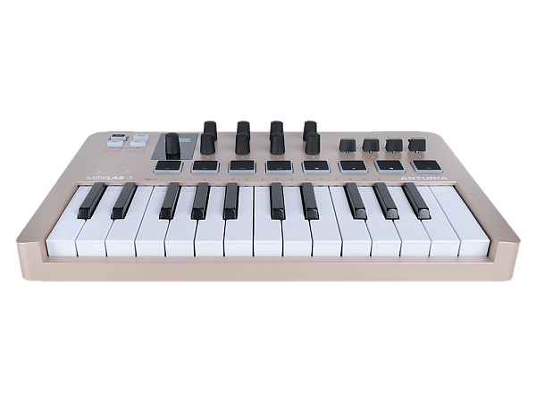 MIDI клавиатура [231508] Arturia [MiniLAB 3 Champagne] 25 клавиш, 8 энкодеров, 8 RGB пэдов, 8 фейдеров, дисплей, сенсорные регуляторы Pitch/Modulation, MIDI-выход, 1/4" Jack вход педали, режим Chord, арпеджиатор, USB-C