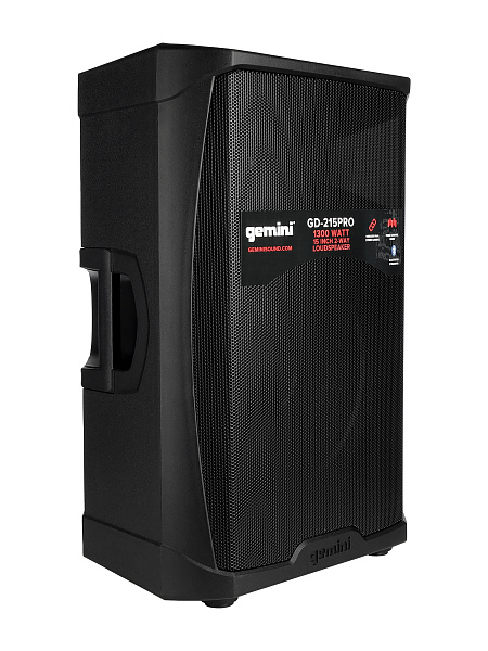 Акустическая система Gemini [GD-215PRO] Активная, 2-х полосная, мощность RMS/Peak 280/1300 Вт, Max Peak SPL 120 Вт, динамики: 15" НЧ, 1,35" ВЧ, входы: 1/8” TRS AUX, 2x 1/4" TRS, 2x XLR, 2x RCA AUX, выходы: XLR Mix Out, Bluetooth, микрофон