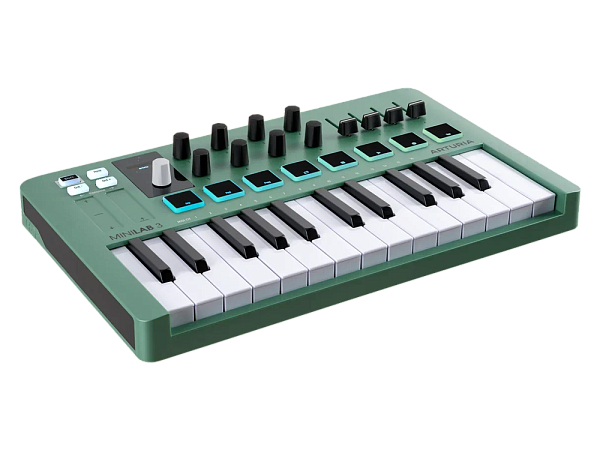 MIDI клавиатура [231506] Arturia [MiniLAB 3 Mint Edition] 25 клавиш, 8 энкодеров, 8 RGB пэдов, 8 фейдеров, дисплей, сенсорные регуляторы Pitch/Modulation, MIDI-выход, 1/4" Jack вход педали, режим Chord, арпеджиатор, USB-C