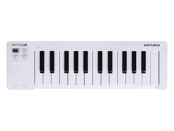 MIDI клавиатура [231511] Arturia [MicroLab 3 White] 25 клавиш, чувствительных к скорости нажатия, сенсорные полосы pitch и modulation, режим игры аккордами, разъем для подключения педали, type-c, ПО: Analog Lab Intro, Ableton Live Lite. Цвет - белый.
