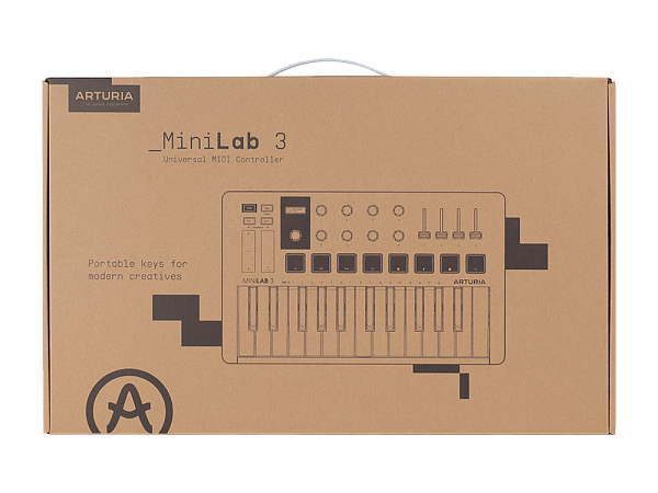 MIDI клавиатура [231599] Arturia [MiniLAB 3 Aquamarine] 25 клавиш, 8 энкодеров, 8 RGB пэдов, 8 фейдеров, дисплей, сенсорные регуляторы Pitch/Modulation, MIDI-выход, 1/4" Jack вход педали, режим Chord, арпеджиатор, USB-C