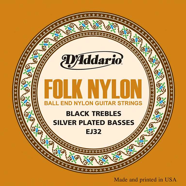 EJ32 Folk Nylon Комплект струн для акустической гитары, шарик на конце, нейлон/посеребрен, D'Addaio