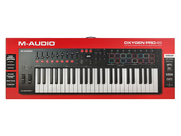 MIDI клавиатура [OXYGENPRO49] M-audio [Oxygen Pro 49] 49 клавиш, 8 энкодеров, 9 фейдеров, 16 пэдов, 12 кнопок управления, колеса высоты тона и модуляции, smart control, auto-mapping, встроенный арпеджиатор, 1/4" Jack вход для педали сустейна, MIDI выход
