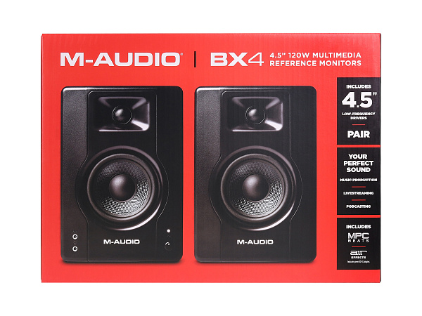 Акустическая система [BX4PAIRXEU] M-audio [BX4 (пара)] (активный+пассивный), 2-х полосные, 25 Вт, 69-22000 Гц, д4,5"+1" входы: 2x1/4" линейный вход, 2xRCA линейный вход