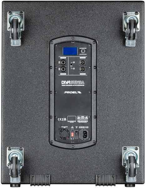 Активный сабвуфер PROEL [DIVASUB18A] НЧ динамик 18", встроенный DSP, LCD дисплей, АЧХ 35-160 Гц, мощность пик. 1500 Вт, мощность номин. 750 Вт, макс. SPL 132 дБ, 2x Combo XLR/TRS входа, 2x XLR выхода, материал корпуса фанера, ручки для переноски 2 шт.