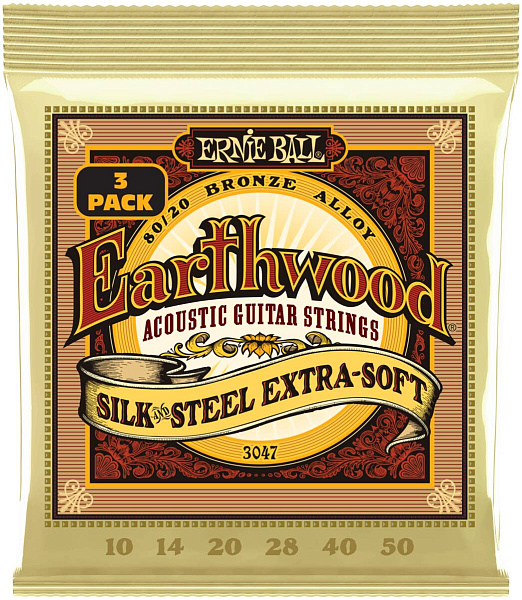 ERNIE BALL 3047 Earthwood 80/20 Silk and Steel Extra Soft 3 Pack 10-50 - Струны для акустической гитары