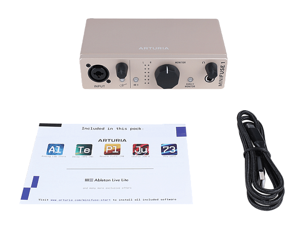 Аудиоинтерфейс USB [800121] Arturia [MiniFuse 1 Champagne] 24бит/192кГц, комбинированный разъем XLR и 6.3 мм для записи инструментов и вокала с фантомным питанием 48 В, выходы на монитор (L/R Jack), выход для наушников