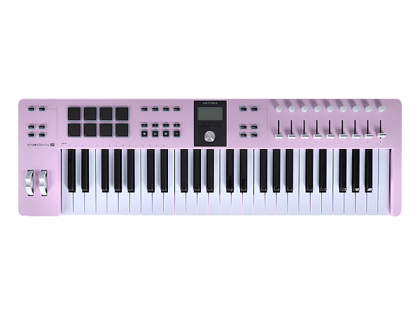 MIDI клавиатура [231525] Arturia [KeyLab Essential 49 mk3 Rose Quartz] 49 клавиш, LCD дисплей, 9 энкодеров, 8 пэдов, 9 фейдеров, 12 кнопок управления, колеса высоты тона и модуляции, 1/4" Jack вход для педали, MIDI выход, Type-C