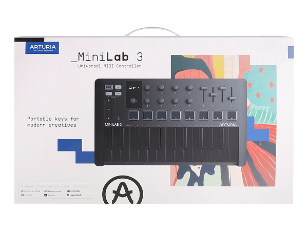 MIDI клавиатура [231503] Arturia [MiniLAB 3 Deep Black] 25 клавиш, 8 энкодеров, 8 RGB пэдов, 8 фейдеров, дисплей, сенсорные регуляторы Pitch/Modulation, MIDI-выход, 1/4" Jack вход педали, режим Chord, арпеджиатор, USB-C