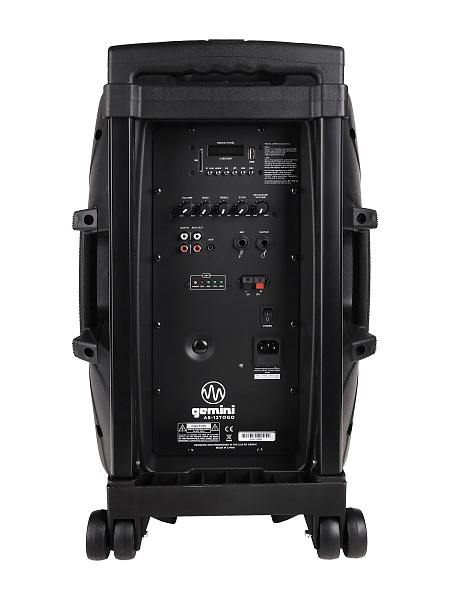 Акустическая система Gemini [AS-12TOGO] Активная, 2-х полосная, RMS/Peak 500/1500 Вт, АЧХ 50-20000 Гц, SPL 104 дБ, 12" НЧ, 2,5" ВЧ, входы: RCA (L/R) AUX, 1/8" TRS AUX, 1/4" TS микр., 1/4" TS гитар., выходы: RCA (L/R), USB, SD, Bluetooth