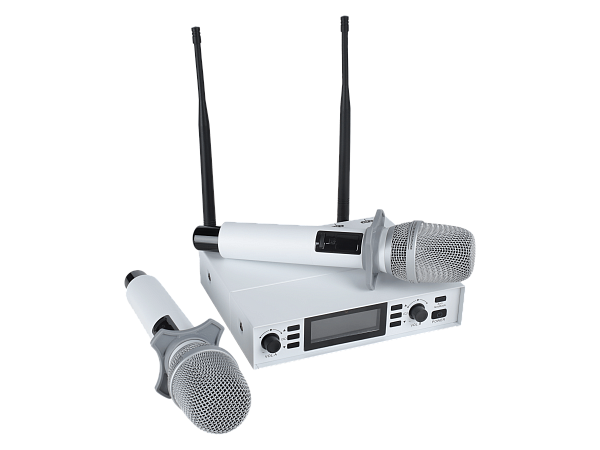 Микрофонная радиосистема Axelvox [DX800SW] UHF 650 - 758 MHz, подавитель обратной связи, цифровая модуляция, LCD дисплей, DSP, ручной микрофон - 2 шт., силиконовые кольца - 2 шт., держатель для микрофона - 2 шт., цвет белый.