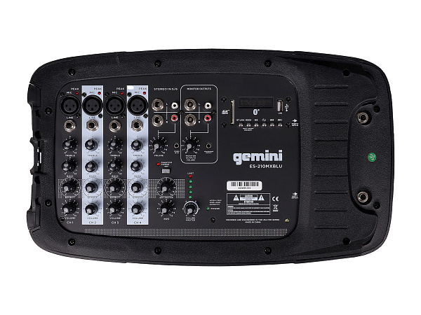 Акустическая система Gemini [ES-210MXBLU-ST] Комплект: 2х АС 10"НЧ/1"ВЧ, микшер с усилителем 150 Вт RMS, входы: 4x XLR Mic, 6x 1/4" TRS Line, 2x RCA, 1/8” TRS, выходы: 2x 1/4" TRS, 2x RCA, 1/8” TRS Headphones, 2х стойки, микрофон, кабели
