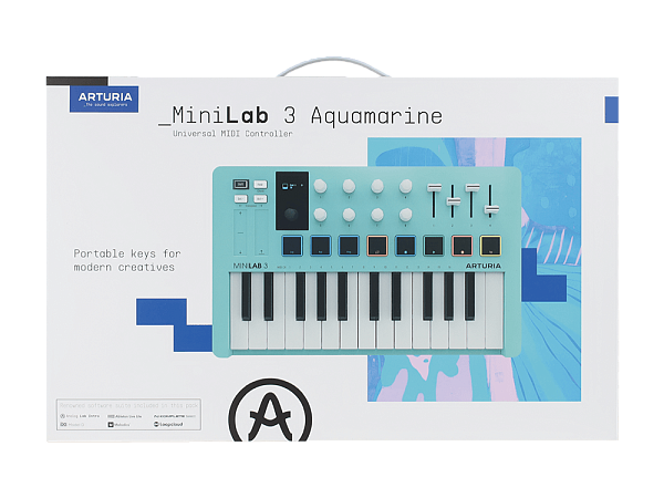 MIDI клавиатура [231599] Arturia [MiniLAB 3 Aquamarine] 25 клавиш, 8 энкодеров, 8 RGB пэдов, 8 фейдеров, дисплей, сенсорные регуляторы Pitch/Modulation, MIDI-выход, 1/4" Jack вход педали, режим Chord, арпеджиатор, USB-C