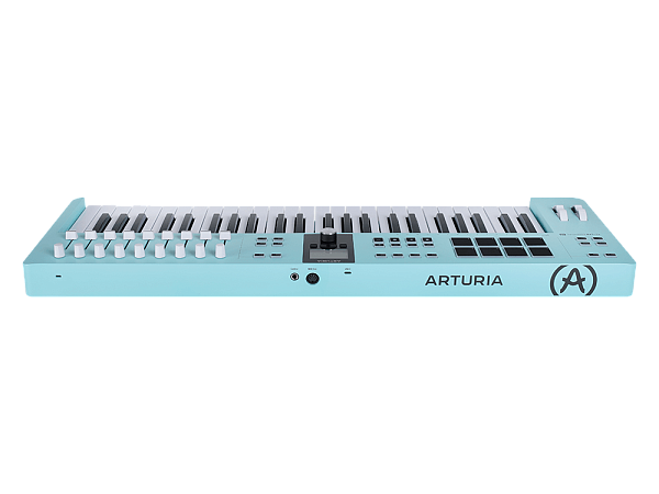 MIDI клавиатура [231524] Arturia [KeyLab Essential 49 mk3 Aquamarine] 49 клавиш, LCD дисплей, 9 энкодеров, 8 пэдов, 9 фейдеров, 12 кнопок управления, колеса высоты тона и модуляции, 1/4" Jack вход для педали, MIDI выход, Type-C