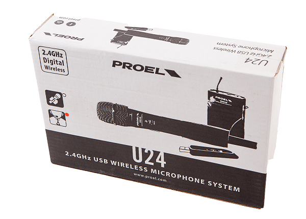 Радиосистема микрофонная PROEL [U24B] с поясным передатчиком, USB приемником и головным микрофоном HCM-38, несущая частота 2,404-2,476 ГГц, РЧ чувств. -78 дБ, РЧ вых. мощность <10 дБм, дистанция 25 м, АЧХ 50-15000 Гц, АЦП 16 бит/38,5 кГц, THD <0,05%, S/N