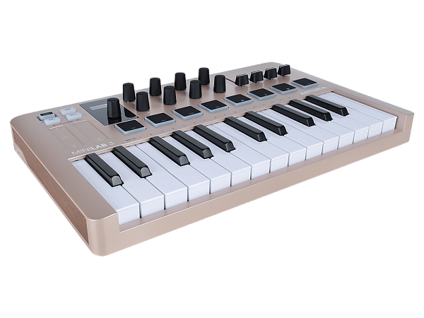 MIDI клавиатура [231508] Arturia [MiniLAB 3 Champagne] 25 клавиш, 8 энкодеров, 8 RGB пэдов, 8 фейдеров, дисплей, сенсорные регуляторы Pitch/Modulation, MIDI-выход, 1/4" Jack вход педали, режим Chord, арпеджиатор, USB-C