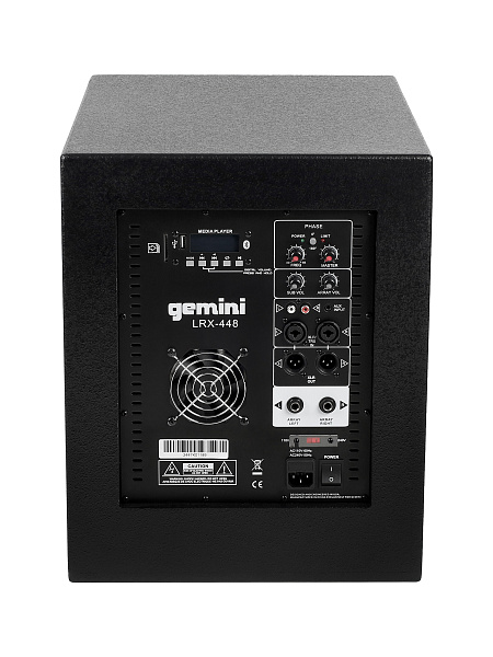 Акустическая система Gemini [LRX-448] Комплект: 8 (2х4) 2-х полосных сателлитов, 12" активный сабвуфер, совокупная мощность RMS 600 Вт, SD слот, USB порт, FM радио, Bluetooth, 2 стойки, кабели питания, кабели коммутации (2 места)