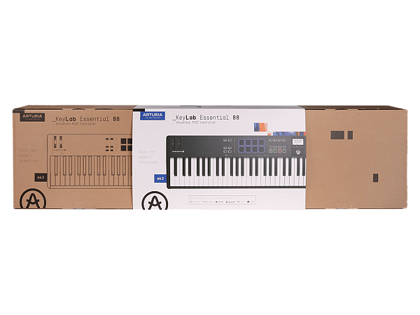 MIDI клавиатура [231542] Arturia [KeyLab Essential 88 mk3 Black] 88 клавиш, LCD дисплей, 9 энкодеров, 8 пэдов, 9 фейдеров, 12 кнопок управления, колеса высоты тона и модуляции, 1/4" Jack вход для педали, MIDI выход, Type-C