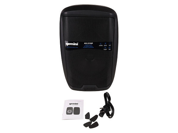 Акустическая система Gemini [AS-2110P] Активная, 2-х полосная, мощность RMS/Peak 500/1000 Вт, АЧХ 55-20000 Гц, Max SPL 100 дБ, динамики: 10" НЧ, 1" ВЧ, входы: 1/8" TRS AUX, RCA (L/R) AUX, 2xXLR микрофонные, 2x1/4" линейные, выходы: XLR Mix