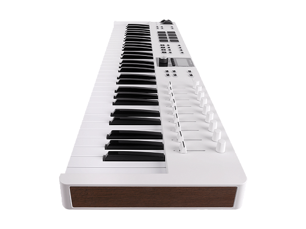 MIDI клавиатура [231531] Arturia [KeyLab Essential 61 mk3 White] 61 клавиша, LCD дисплей, 9 энкодеров, 8 пэдов, 9 фейдеров, 12 кнопок управления, колеса высоты тона и модуляции, 1/4" Jack вход для педали, MIDI выход, Type-C