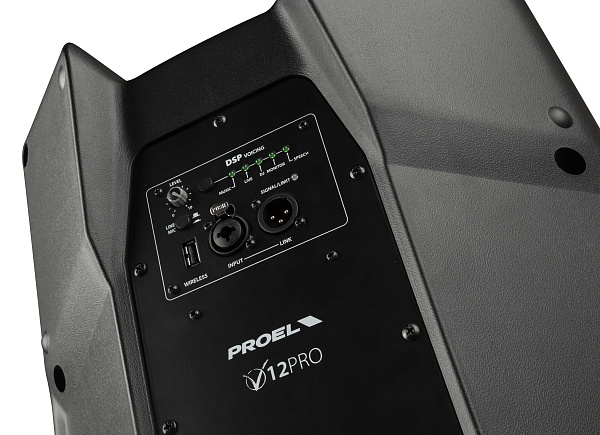 Активная акустическая система PROEL [V12PRO] 2-х полосная, НЧ динамик 12", ВЧ динамик 1", DSP, мощность пик./ном. 600/300 Вт, АЧХ 50-20000 Гц, макс. SPL 124 дБ, Combo XLR/TRS мик./лин. вход, XLR лин. выход, USB-A порт для радиосистем U24B/U24H