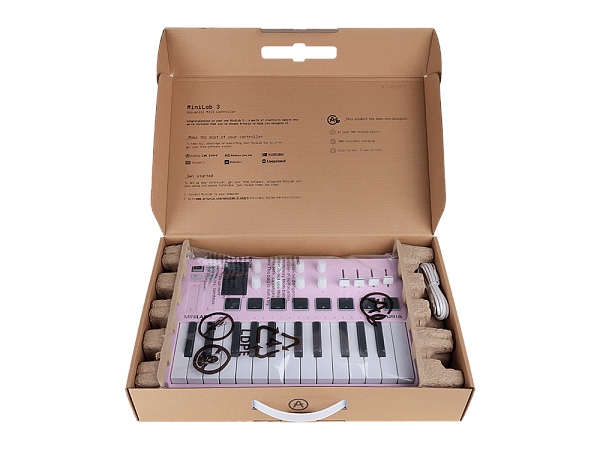 MIDI клавиатура [231509] Arturia [MiniLAB 3 Rose Quartz] 25 клавиш, 8 энкодеров, 8 RGB пэдов, 8 фейдеров, дисплей, сенсорные регуляторы Pitch/Modulation, MIDI-выход, 1/4" Jack вход педали, режим Chord, арпеджиатор, USB-C