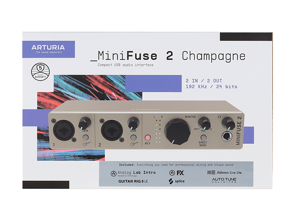 Аудиоинтерфейс USB [800122] Arturia [MiniFuse 2 Champagne] 24бит/192кГц, два комбинированных входа XLR-1/4” (микрофонный / линейный / инструментальный уровень) с фантомным питанием +48 В, выходы на монитор (L/R Jack), выход для наушников, MIDI In/Out