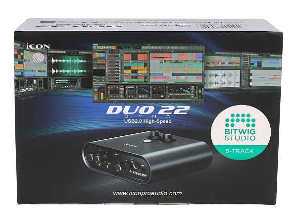 Аудиоинтерфейс USB [110313A2003] Icon [Duo22 Dyna B] АЦП/ЦАП: 24 бит/192 кГц, 127 дБ, входы/выходы: Combo XLR/TRS, 1/4" TS/ 2х1/4" TRS, 1/8" mini Jack стерео, 1/4" TRS стерео выход на наушники, USB-C, +48 В, цвет черный