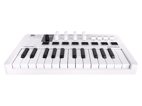 MIDI клавиатура [231501] Arturia [MiniLAB 3] 25 клавиш, 8 энкодеров, 8 RGB пэдов, 8 фейдеров, дисплей, сенсорные регуляторы Pitch/Modulation, MIDI-выход, 1/4" Jack вход педали, режим Chord, арпеджиатор, USB-C