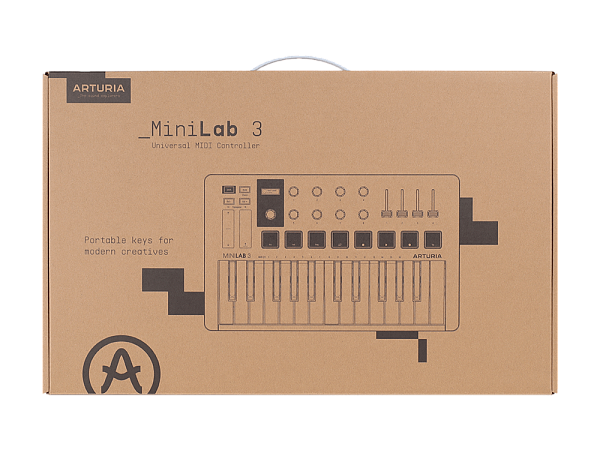 MIDI клавиатура [231509] Arturia [MiniLAB 3 Rose Quartz] 25 клавиш, 8 энкодеров, 8 RGB пэдов, 8 фейдеров, дисплей, сенсорные регуляторы Pitch/Modulation, MIDI-выход, 1/4" Jack вход педали, режим Chord, арпеджиатор, USB-C