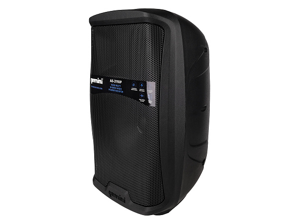 Акустическая система Gemini [AS-2110P] Активная, 2-х полосная, мощность RMS/Peak 500/1000 Вт, АЧХ 55-20000 Гц, Max SPL 100 дБ, динамики: 10" НЧ, 1" ВЧ, входы: 1/8" TRS AUX, RCA (L/R) AUX, 2xXLR микрофонные, 2x1/4" линейные, выходы: XLR Mix