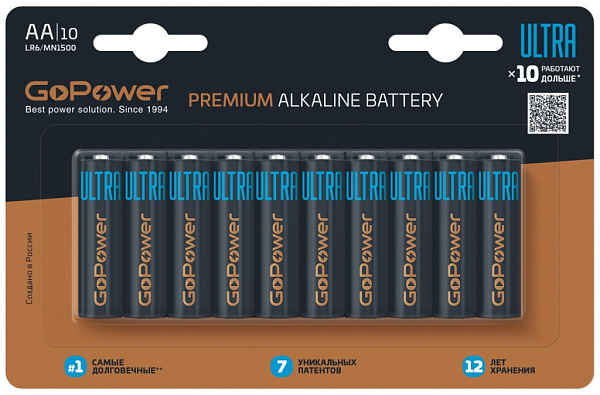 00-00026395 Ultra Элемент питания LR6 AA Alkaline 1.5В, 10шт, GoPower