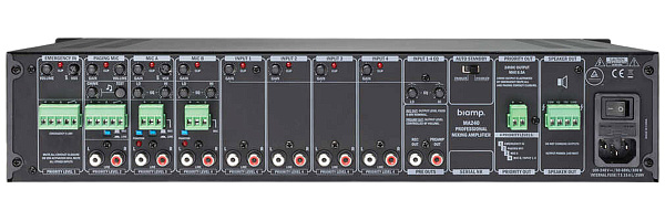 Усилитель BIAMP [MA240] (APART) 1-канальный, микширующий: 240Вт (4Ом/100В). Вх.:3xEuroblock(3-pin); 4хRCA.1хприоритетный("сухие контакты").Вых.:Euroblock. 2U.